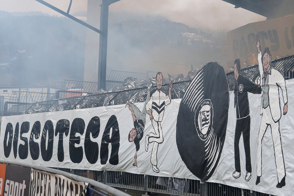 Wolfsberg - Sturm Graz
Oesterreichische Fussball Bundesliga, 18. Runde, Wolfsberger AC - SK Sturm Graz, Lavanttal Arena Wolfsberg, 15.02.2025. 

Foto zeigt Fans von Sturm mit einer Choreografie
Schlüsselwörter: sturmflut