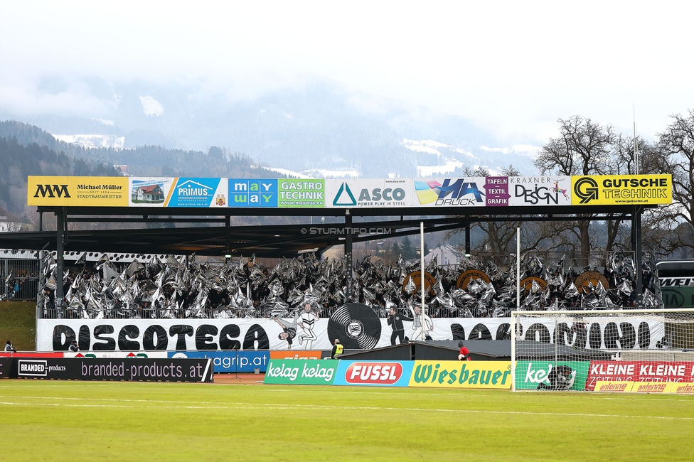 Wolfsberg - Sturm Graz
Oesterreichische Fussball Bundesliga, 18. Runde, Wolfsberger AC - SK Sturm Graz, Lavanttal Arena Wolfsberg, 15.02.2025. 

Foto zeigt Fans von Sturm mit einer Choreografie
