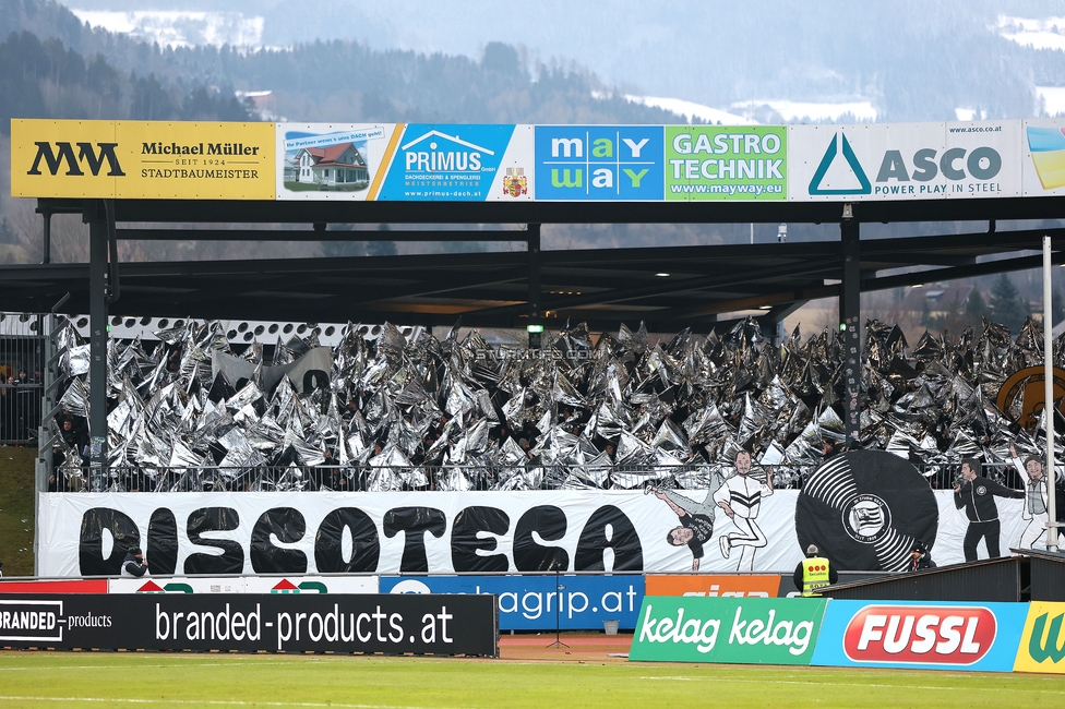 Wolfsberg - Sturm Graz
Oesterreichische Fussball Bundesliga, 18. Runde, Wolfsberger AC - SK Sturm Graz, Lavanttal Arena Wolfsberg, 15.02.2025. 

Foto zeigt Fans von Sturm mit einer Choreografie
