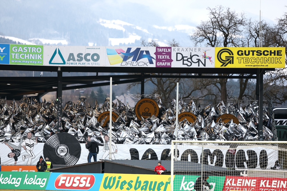 Wolfsberg - Sturm Graz
Oesterreichische Fussball Bundesliga, 18. Runde, Wolfsberger AC - SK Sturm Graz, Lavanttal Arena Wolfsberg, 15.02.2025. 

Foto zeigt Fans von Sturm mit einer Choreografie
