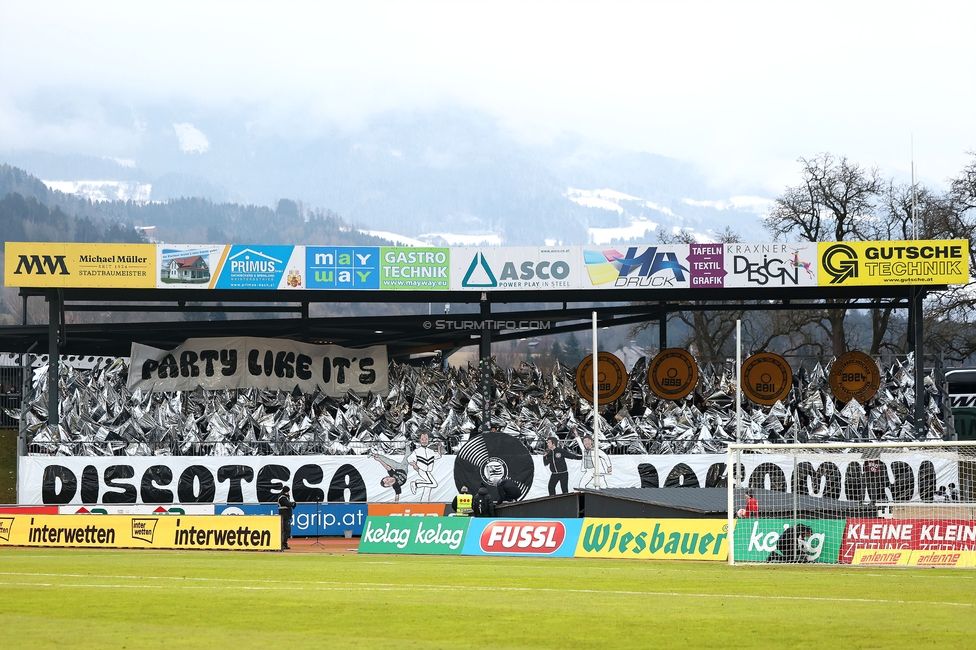 Wolfsberg - Sturm Graz
Oesterreichische Fussball Bundesliga, 18. Runde, Wolfsberger AC - SK Sturm Graz, Lavanttal Arena Wolfsberg, 15.02.2025. 

Foto zeigt Fans von Sturm mit einer Choreografie
