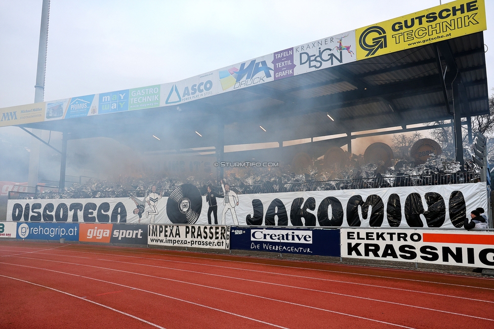 Wolfsberg - Sturm Graz
Oesterreichische Fussball Bundesliga, 18. Runde, Wolfsberger AC - SK Sturm Graz, Lavanttal Arena Wolfsberg, 15.02.2025. 

Foto zeigt Fans von Sturm mit einer Choreografie
