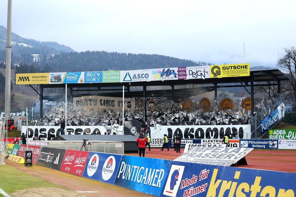 Wolfsberg - Sturm Graz
Oesterreichische Fussball Bundesliga, 18. Runde, Wolfsberger AC - SK Sturm Graz, Lavanttal Arena Wolfsberg, 15.02.2025. 

Foto zeigt Fans von Sturm mit einer Choreografie
