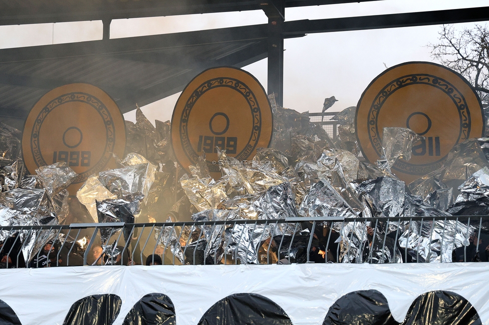 Wolfsberg - Sturm Graz
Oesterreichische Fussball Bundesliga, 18. Runde, Wolfsberger AC - SK Sturm Graz, Lavanttal Arena Wolfsberg, 15.02.2025. 

Foto zeigt Fans von Sturm mit einer Choreografie
