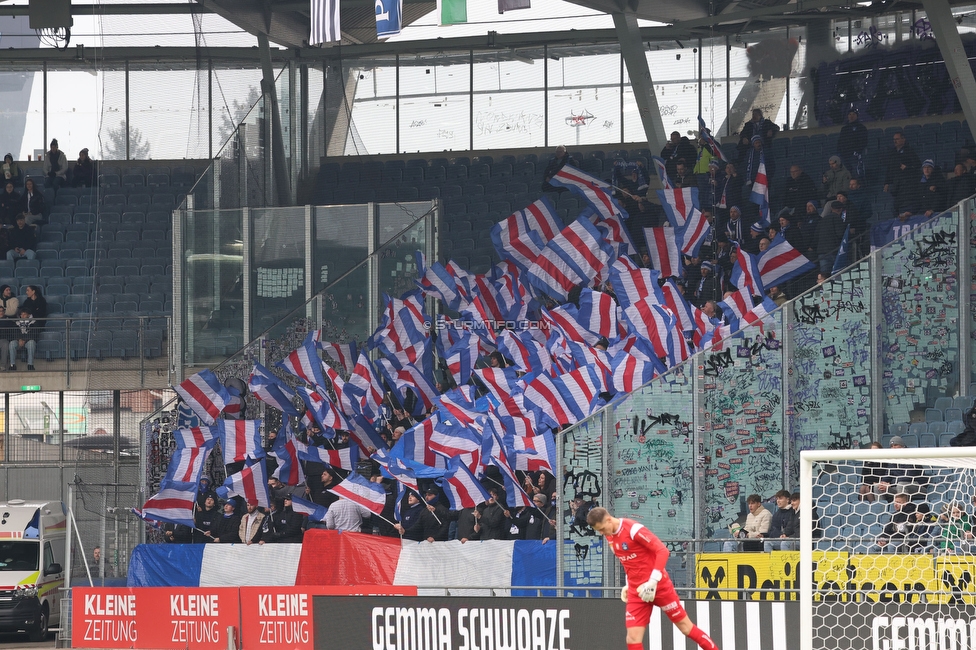 Sturm Graz - Blau-Weiss Linz
Oesterreichische Fussball Bundesliga, 19. Runde, SK Sturm Graz - FC Blau-Weiss Linz, Stadion Liebenau Graz, 23.02.2025. 

Foto zeigt Fans von Linz mit einer Choreografie
