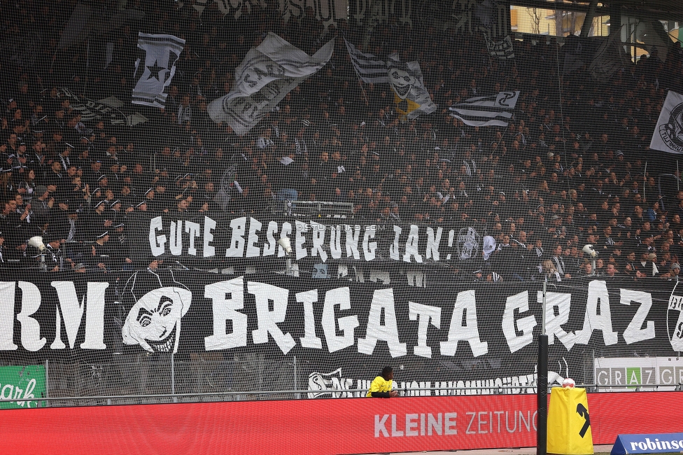 Sturm Graz - Blau-Weiss Linz
Oesterreichische Fussball Bundesliga, 19. Runde, SK Sturm Graz - FC Blau-Weiss Linz, Stadion Liebenau Graz, 23.02.2025. 

Foto zeigt Fans von Sturm mit einem Spruchband
Schlüsselwörter: brigata