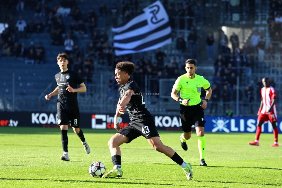 Sturm Graz U19 - Olympiacos
UEFA Youth League Achtelfinale, SK Sturm Graz U19 - Olympiacos FC, Stadion Liebenau Graz, 05.03.2025. 

Foto zeigt Jacob Hoedl (Sturm)
