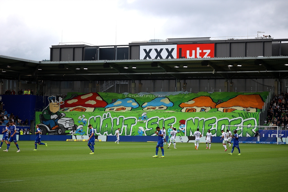 BW Linz - Sturm Graz
Oesterreichische Fussball Bundesliga, 29. Runde, Blau-Weiss Linz - SK Sturm Graz, Hofmann Personal Stadion Linz, 04.05.2025. 

Foto zeigt Fans von Sturm mit einer Choreografie
