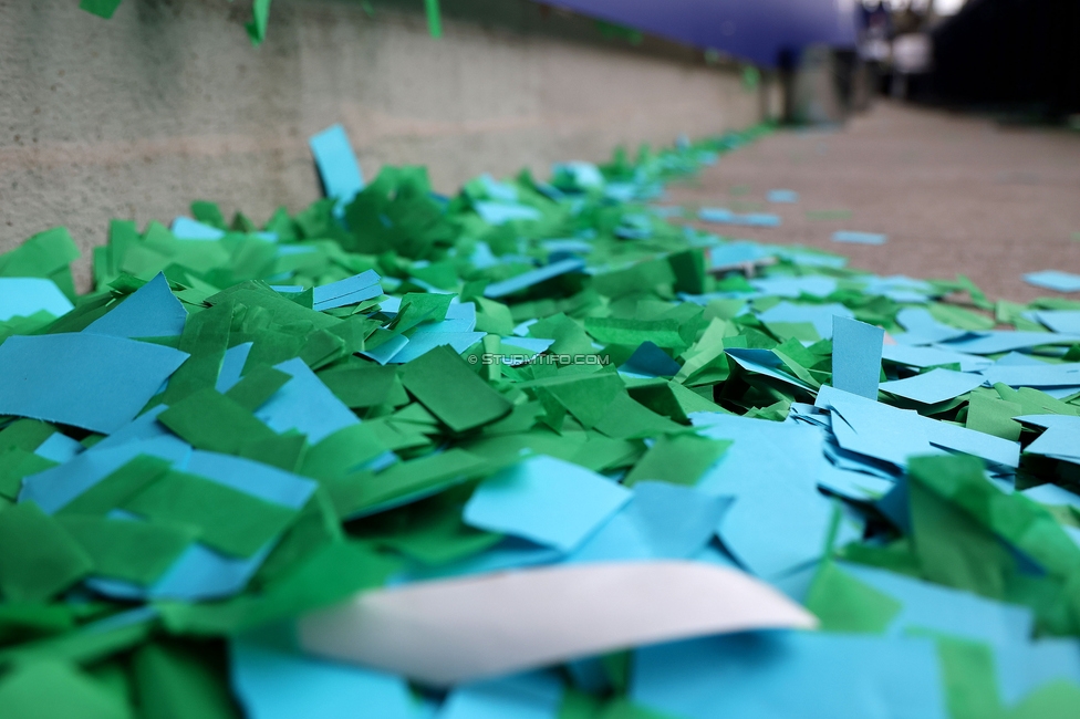 BW Linz - Sturm Graz
Oesterreichische Fussball Bundesliga, 29. Runde, Blau-Weiss Linz - SK Sturm Graz, Hofmann Personal Stadion Linz, 04.05.2025. 

Foto zeigt Papierschnipsel der Choreographie

