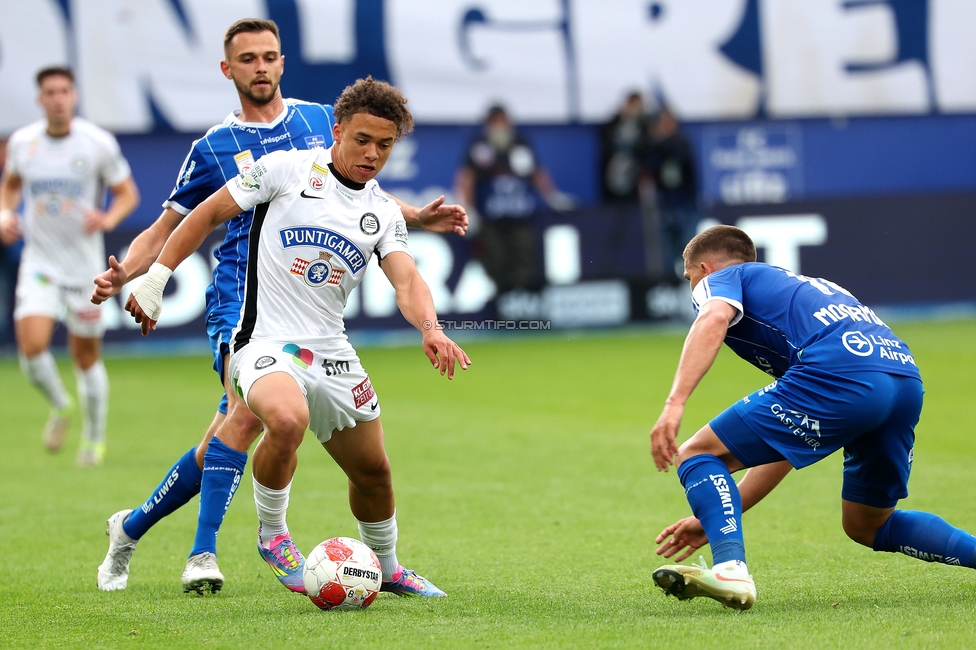 BW Linz - Sturm Graz
Oesterreichische Fussball Bundesliga, 29. Runde, Blau-Weiss Linz - SK Sturm Graz, Hofmann Personal Stadion Linz, 04.05.2025. 

Foto zeigt Jacob Peter Hoedl (Sturm)
