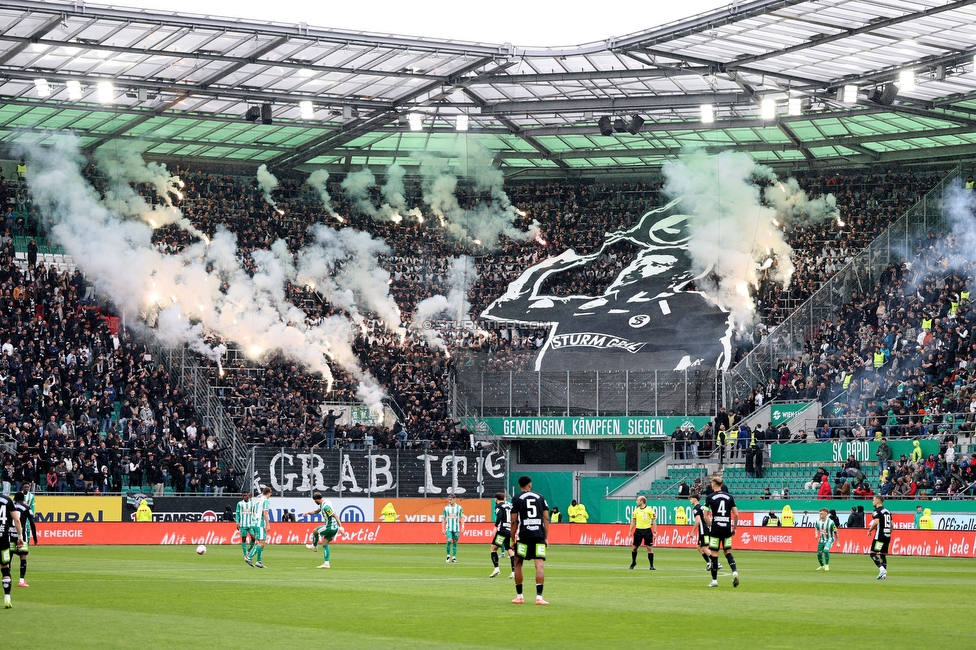 Rapid Wien - Sturm Graz
Oesterreichische Fussball Bundesliga, 31. Runde, SK Rapid Wien - SK Sturm Graz, Weststadion Wien, 18.05.2024. 

Foto zeigt Fans von Sturm mit einer Choreografie
