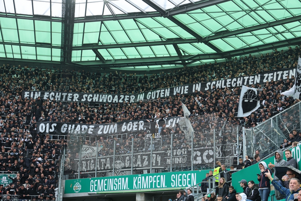 Rapid Wien - Sturm Graz
Oesterreichische Fussball Bundesliga, 31. Runde, SK Rapid Wien - SK Sturm Graz, Weststadion Wien, 18.05.2024. 

Foto zeigt Fans von Sturm mit einem Spruchband
