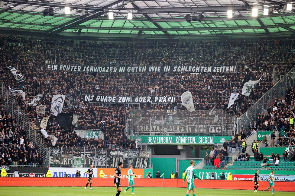 Rapid Wien - Sturm Graz
Oesterreichische Fussball Bundesliga, 31. Runde, SK Rapid Wien - SK Sturm Graz, Weststadion Wien, 18.05.2024. 

Foto zeigt Fans von Sturm mit einem Spruchband
