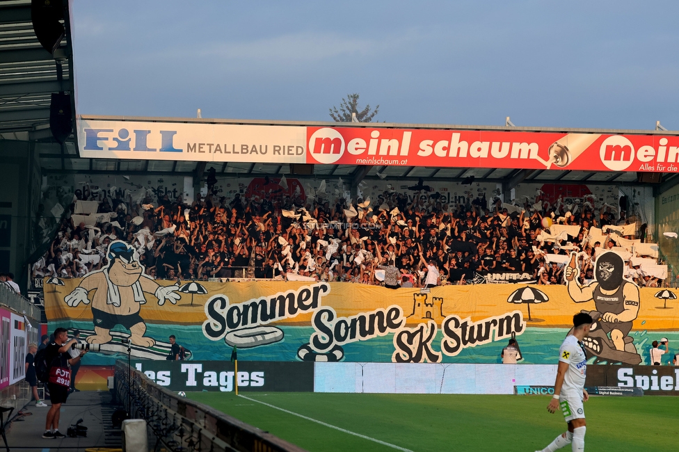 Ried - Sturm Graz
Oesterreichische Fussball Bundesliga, 3. Runde, SV Ried - SK Sturm Graz, Arena Ried, 16.08.2025. 

Foto zeigt Fans von Sturm mit einer Choreografie

