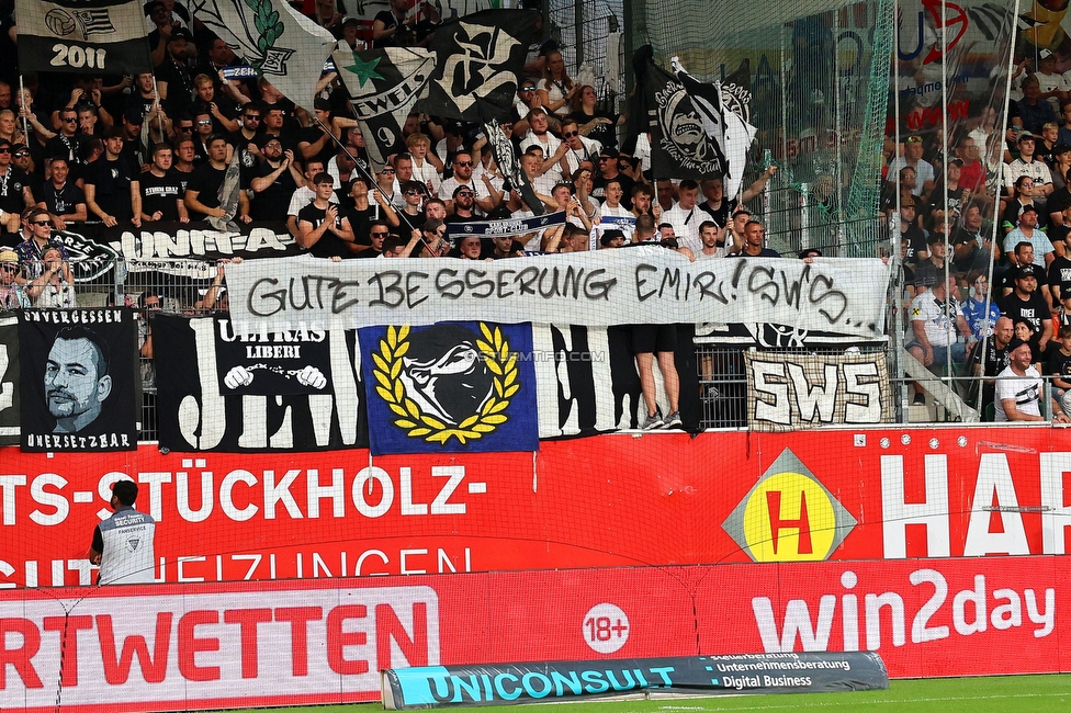 Ried - Sturm Graz
aOesterreichische Fussball Bundesliga, 3. Runde, SV Ried - SK Sturm Graz, Arena Ried, 16.08.2025. 

Foto zeigt Fans von Sturm mit einem Spruchband
Schlüsselwörter: sws