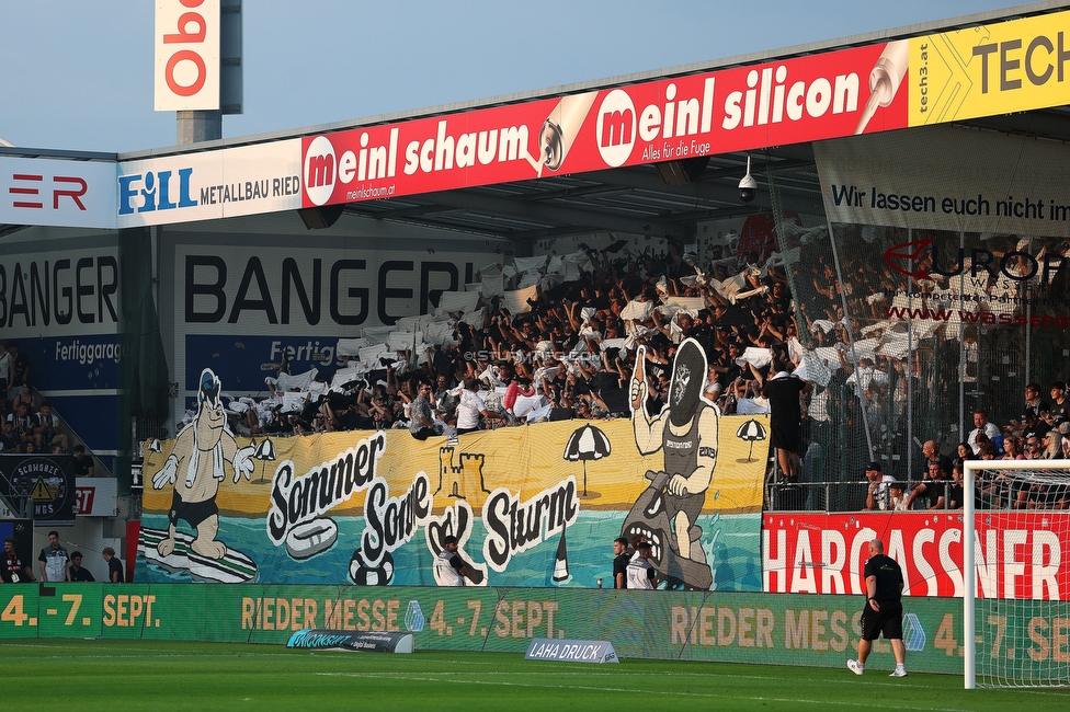 Ried - Sturm Graz
Oesterreichische Fussball Bundesliga, 3. Runde, SV Ried - SK Sturm Graz, Arena Ried, 16.08.2025. 

Foto zeigt Fans von Sturm mit einer Choreografie
