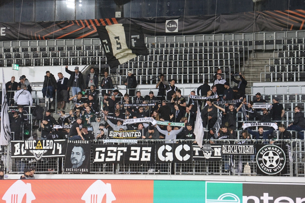 Midtjylland - Sturm Graz
UEFA Europa League Gruppenphase 1. Spieltag, FC Midtjylland - SK Sturm Graz, Arena Herning, 24.09.2025. 

Foto zeigt Fans von Sturm
