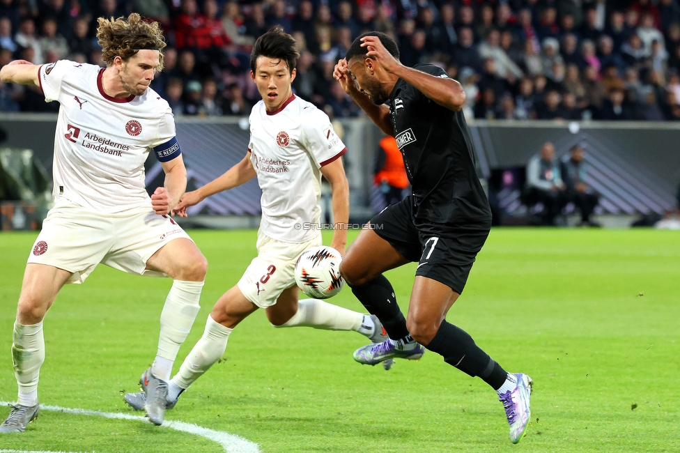Midtjylland - Sturm Graz
UEFA Europa League Gruppenphase 1. Spieltag, FC Midtjylland - SK Sturm Graz, Arena Herning, 24.09.2025. 

Foto zeigt Maurice Malone (Sturm)
