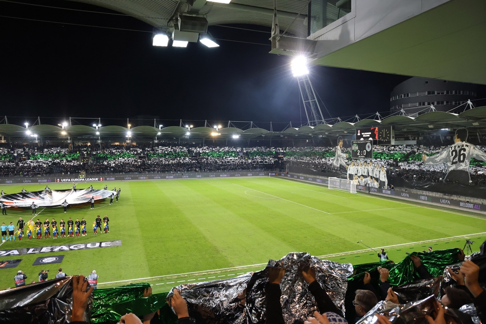 Sturm Graz - Rangers
UEFA Europa League Gruppenphase 2. Spieltag, SK Sturm Graz - Glasgow Rangers, Stadion Liebenau Graz, 02.10.2025. 

Foto zeigt Fans von Sturm mit einer Choreografie
