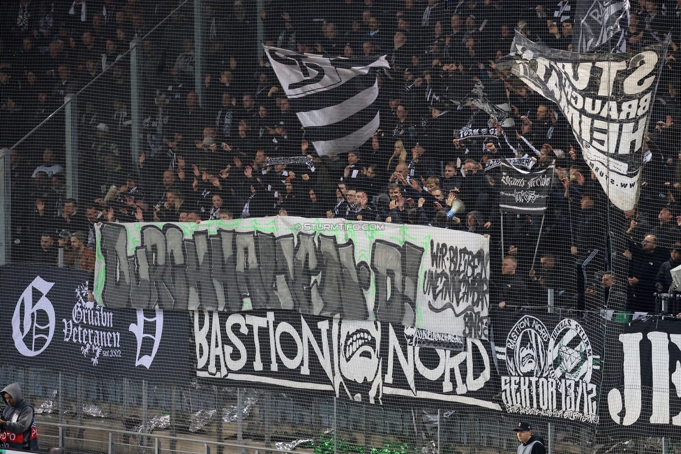 Sturm Graz - Rangers
UEFA Europa League Gruppenphase 2. Spieltag, SK Sturm Graz - Glasgow Rangers, Stadion Liebenau Graz, 02.10.2025. 

Foto zeigt Fans von Sturm mit einem Spruchband
Schlüsselwörter: bastion