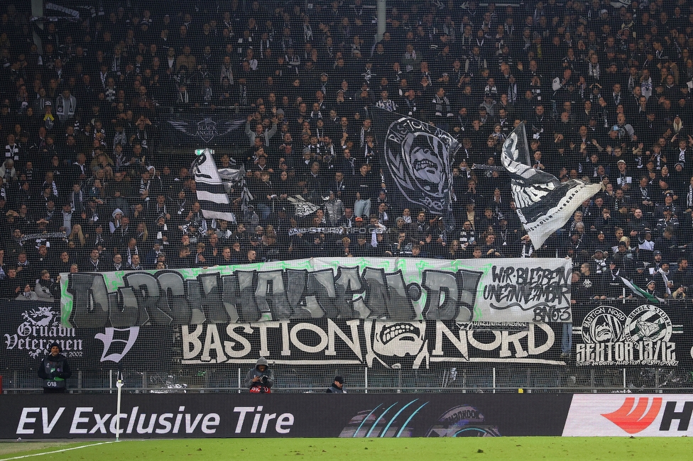 Sturm Graz - Rangers
UEFA Europa League - 2. Runde, SK Sturm Graz - FC Glasgow Rangers, Stadion Liebenau Graz, 02.10.2025. 

Foto zeigt Fans von Sturm mit einem Spruchband
Schlüsselwörter: repression bastion