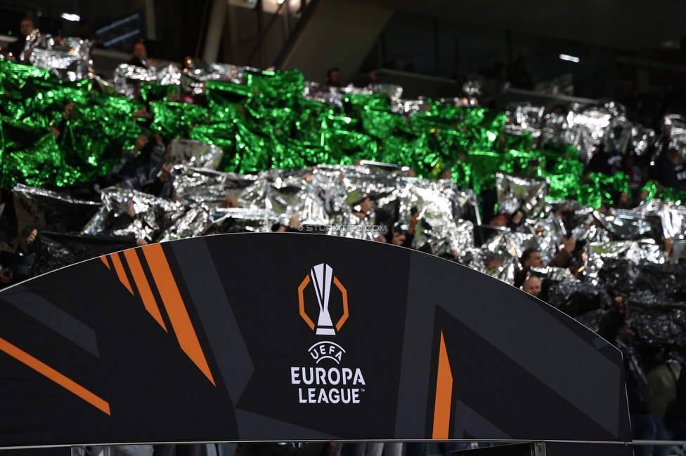 Sturm Graz - Rangers
UEFA Europa League Gruppenphase 2. Spieltag, SK Sturm Graz - Glasgow Rangers, Stadion Liebenau Graz, 02.10.2025. 

Foto zeigt Fans von Sturm mit einer Choreografie und das Europa League Logo
