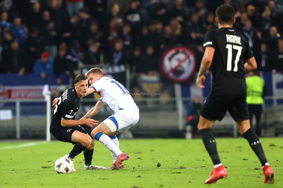 Sturm Graz - Rangers
UEFA Europa League Gruppenphase 2. Spieltag, SK Sturm Graz - Glasgow Rangers, Stadion Liebenau Graz, 02.10.2025. 

Foto zeigt Belmin Beganovic (Sturm) und Emir Karic (Sturm)
