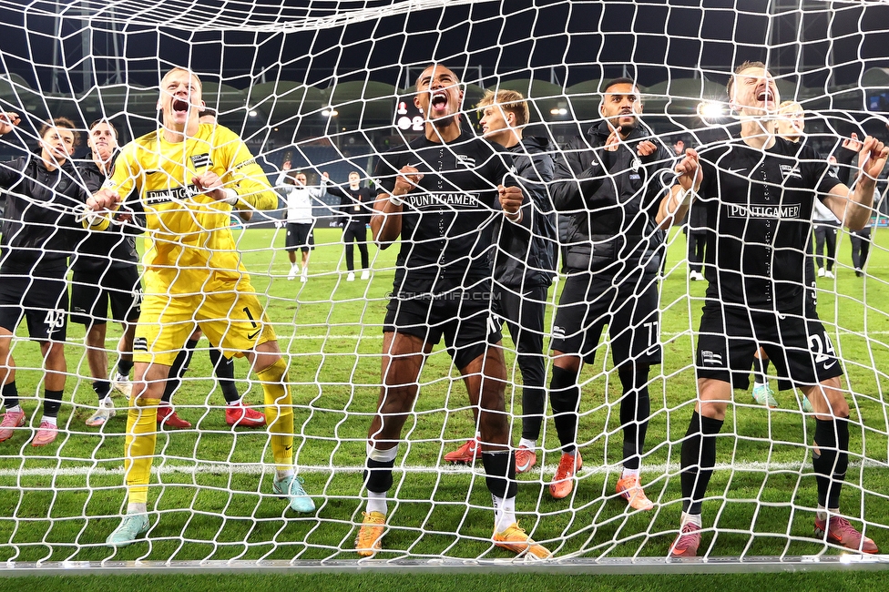 Sturm Graz - Rangers
UEFA Europa League Gruppenphase 2. Spieltag, SK Sturm Graz - Glasgow Rangers, Stadion Liebenau Graz, 02.10.2025. 

Foto zeigt Oliver Christensen (Sturm), Emanuel Aiwu (Sturm), Maurice Malone (Sturm) und Dimitri Lavalee (Sturm)
