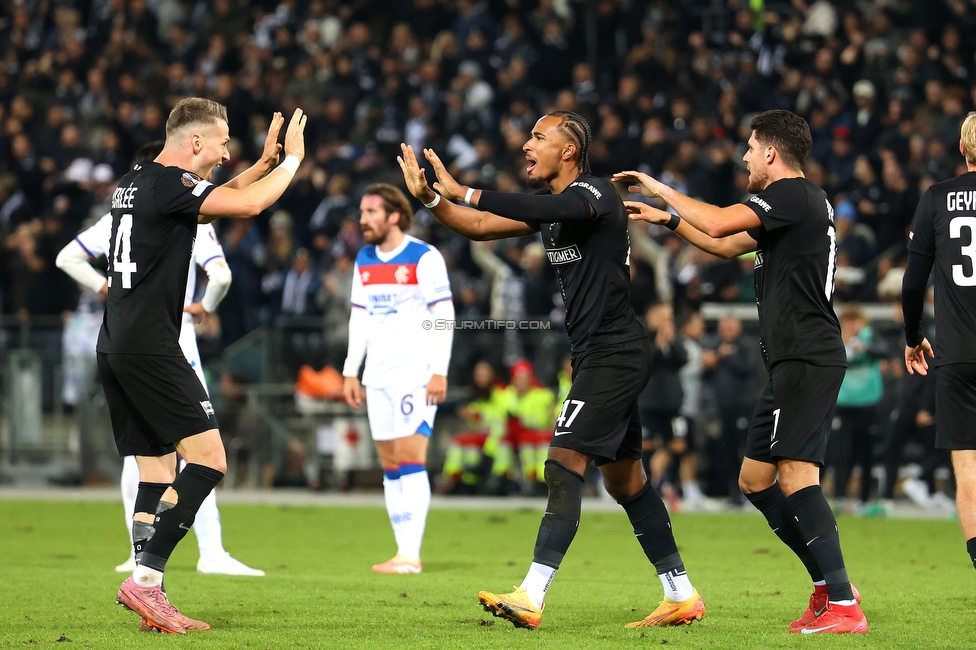 Sturm Graz - Rangers
UEFA Europa League - 2. Runde, SK Sturm Graz - FC Glasgow Rangers, Stadion Liebenau Graz, 02.10.2025. 

Foto zeigt Dimitri Lavalee (Sturm), Emanuel Aiwu (Sturm) und Emir Karic (Sturm)
