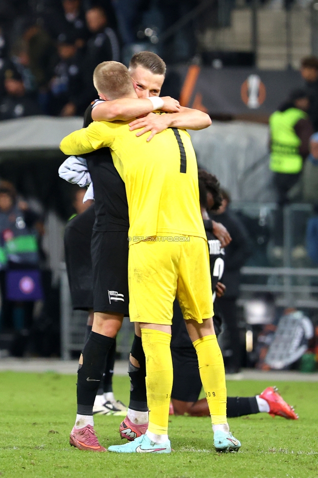 Sturm Graz - Rangers
UEFA Europa League - 2. Runde, SK Sturm Graz - FC Glasgow Rangers, Stadion Liebenau Graz, 02.10.2025. 

Foto zeigt Dimitri Lavalee (Sturm) und Oliver Christensen (Sturm)
