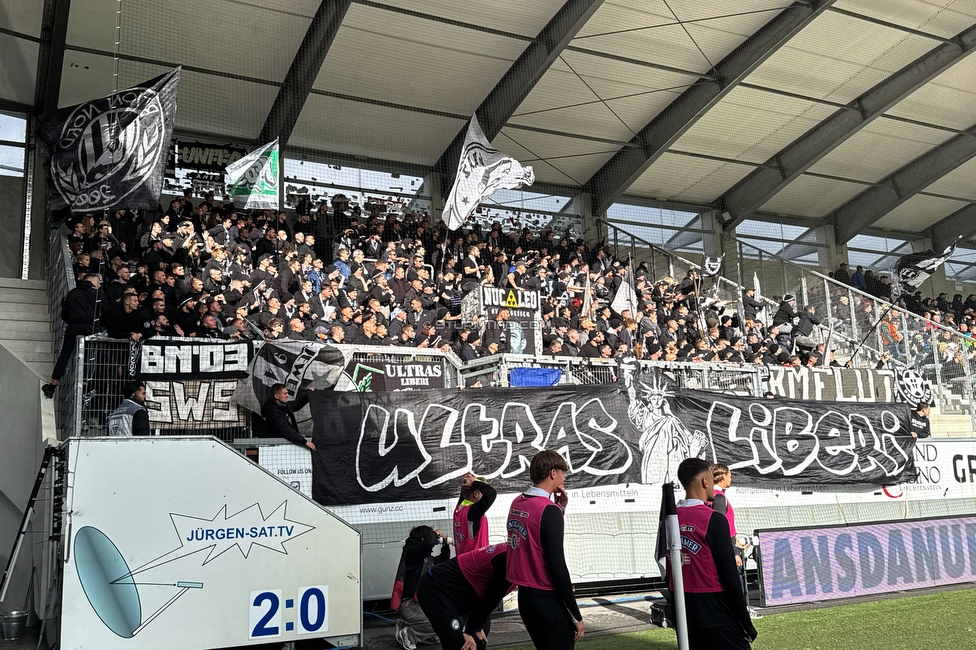 Altach - Sturm Graz
Oesterreichische Fussball Bundesliga, 9. Runde, SC Rheindorf Altach - SK Sturm Graz, Stadion Schnabelholz Altach, 05.10.2025. 

Foto zeigt Fans von Sturm mit einem Spruchband
Schlüsselwörter: repression