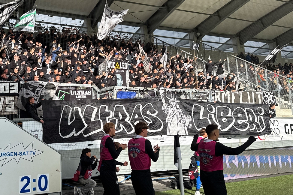 Altach - Sturm Graz
Oesterreichische Fussball Bundesliga, 9. Runde, SC Rheindorf Altach - SK Sturm Graz, Stadion Schnabelholz Altach, 05.10.2025. 

Foto zeigt Fans von Sturm mit einem Spruchband
Schlüsselwörter: repression