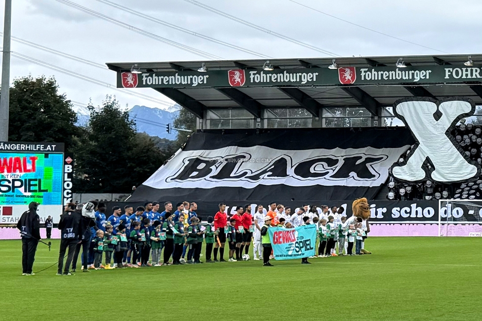 Altach - Sturm Graz
Oesterreichische Fussball Bundesliga, 9. Runde, SC Rheindorf Altach - SK Sturm Graz, Stadion Schnabelholz Altach, 05.10.2025. 

Foto zeigt die Mannschaft von Sturm und die Mannschaft von Altach mit einem Spruchband
Schlüsselwörter: fairplay