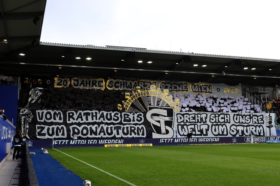 BW Linz - Sturm Graz
Oesterreichische Fussball Bundesliga, 10 Runde, FC Blau-Weiss Linz - SK Sturm Graz, Donauparkstadion Linz, 19.10.2025. 

Foto zeigt Fans von Sturm mit einer Choreografie
