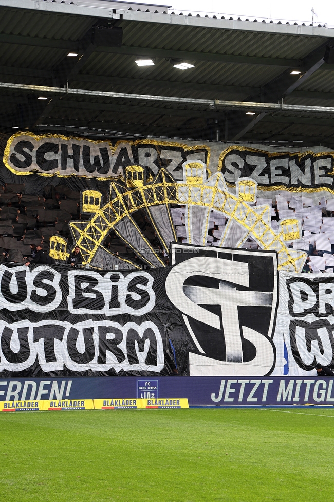 BW Linz - Sturm Graz
Oesterreichische Fussball Bundesliga, 10 Runde, FC Blau-Weiss Linz - SK Sturm Graz, Donauparkstadion Linz, 19.10.2025. 

Foto zeigt Fans von Sturm mit einer Choreografie
