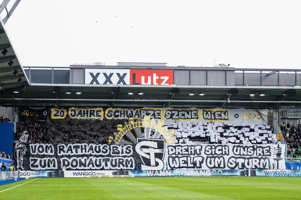 BW Linz - Sturm Graz
Oesterreichische Fussball Bundesliga, 10 Runde, FC Blau-Weiss Linz - SK Sturm Graz, Donauparkstadion Linz, 19.10.2025. 

Foto zeigt Fans von Sturm mit einer Choreografie
