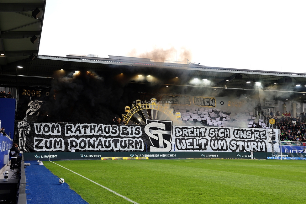 BW Linz - Sturm Graz
Oesterreichische Fussball Bundesliga, 10 Runde, FC Blau-Weiss Linz - SK Sturm Graz, Donauparkstadion Linz, 19.10.2025. 

Foto zeigt Fans von Sturm mit einer Choreografie
