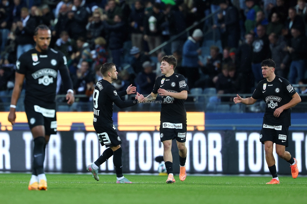 Sturm Graz - Wolfsberg
Oesterreichische Fussball Bundesliga, 11. Runde, SK Sturm Graz - Wolfsberger AC, Stadion Liebenau Graz, 26.10.2025. 

Foto zeigt Emanuel Aiwu (Sturm), Tomi Horvat (Sturm), 
Filip Jan Rozga (Sturm) und Arjan Malic (Sturm)
Schlüsselwörter: torjubel