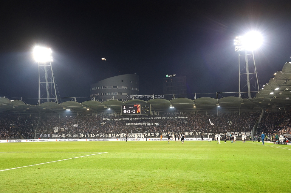Sturm Graz - Nottingham
UEFA Europa League Gruppenphase 4. Spieltag, SK Sturm Graz - Nottingham Forest, Stadion Liebenau Graz, 06.11.2025. 

Foto zeigt Fans von Sturm mit einem Spruchband
