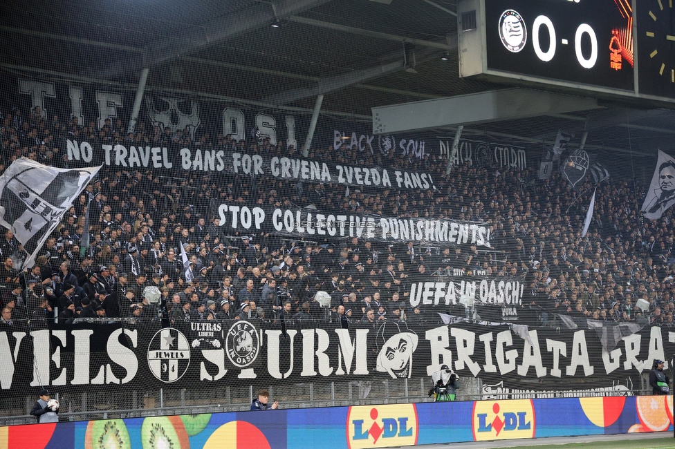 Sturm Graz - Nottingham
UEFA Europa League Gruppenphase 4. Spieltag, SK Sturm Graz - Nottingham Forest, Stadion Liebenau Graz, 06.11.2025. 

Foto zeigt Fans von Sturm mit einem Spruchband
Schlüsselwörter: repression