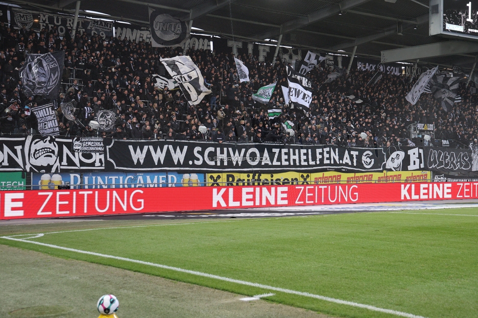 Sturm Graz - LASK
Oesterreichische Fussball Bundesliga, 14. Runde, SK Sturm Graz - LASK, Stadion Liebenau Graz, 23.11.2025. Foto zeigt Fans von Sturm mit einem Spruchband
Schlüsselwörter: schwoazehelfen