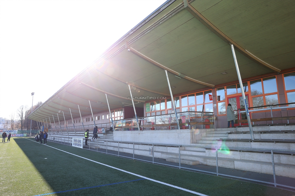Sturm Damen - Suedburgenland Hartberg
OEFB Frauen Bundesliga, 13. Runde, SK Sturm Graz Damen - SpG Suedburgenland TSV Hartberg, Koralmstadion Deutschlandsberg, 23.11.2025. Foto zeigt das Koralmstadion
