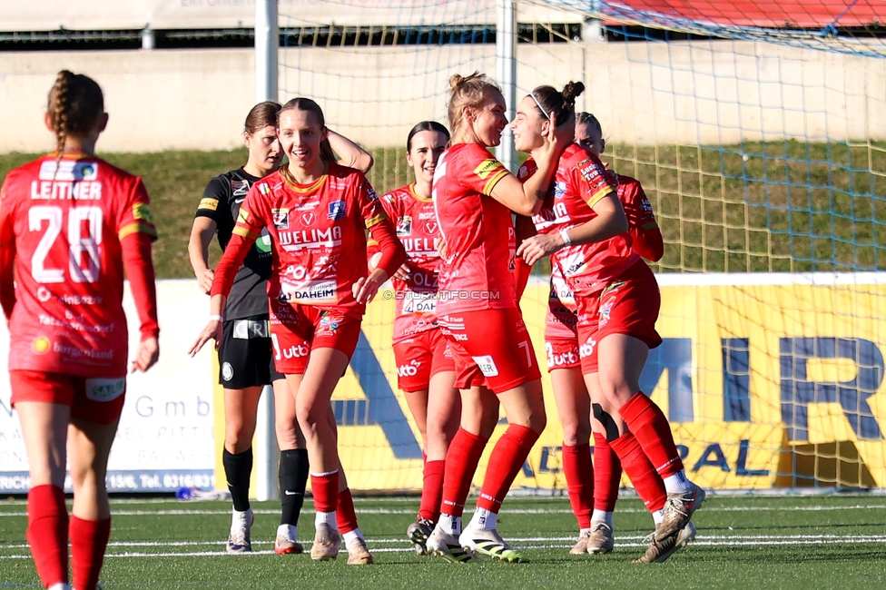 Sturm Damen - Suedburgenland Hartberg
OEFB Frauen Bundesliga, 13. Runde, SK Sturm Graz Damen - SpG Suedburgenland TSV Hartberg, Koralmstadion Deutschlandsberg, 23.11.2025. Foto zeigt den Jubel zum Ausgleich
