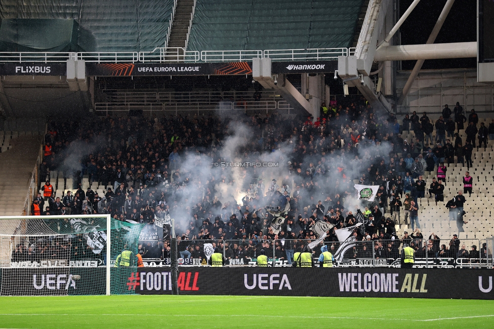 Panathinaikos - Sturm Graz
UEFA Europa League Gruppenphase 5. Spieltag, FC Panathinaikos - SK Sturm Graz, Olympiastadion Athen, 27.11.2025. Foto zeigt Fans von Sturm
Schlüsselwörter: pyrotechnik