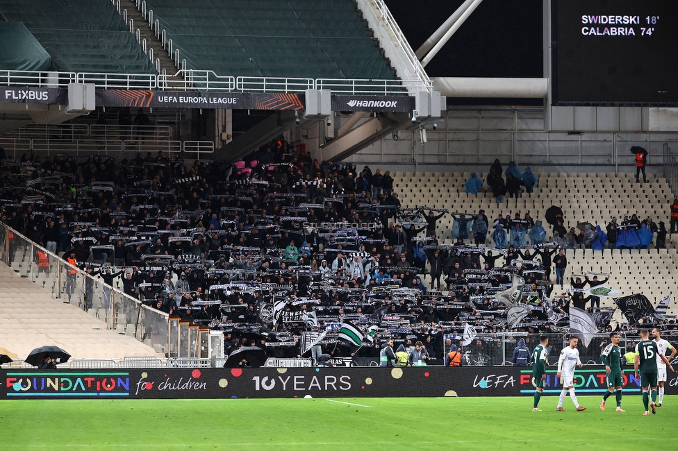 Panathinaikos - Sturm Graz
UEFA Europa League Gruppenphase 5. Spieltag, FC Panathinaikos - SK Sturm Graz, Olympiastadion Athen, 27.11.2025. Foto zeigt Fans von Sturm
Schlüsselwörter: schals