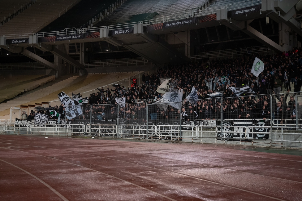 Panathinaikos - Sturm Graz
UEFA Europa League Gruppenphase 5. Spieltag, FC Panathinaikos - SK Sturm Graz, Olympiastadion Athen, 27.11.2025. Foto zeigt Fans von Sturm mit einem Spruchband
Schlüsselwörter: repression