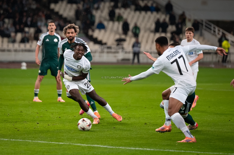Panathinaikos - Sturm Graz
UEFA Europa League Gruppenphase 5. Spieltag, FC Panathinaikos - SK Sturm Graz, Olympiastadion Athen, 27.11.2025. Foto zeigt Seedy Jatta (Sturm) und Maurice Malone (Sturm)
