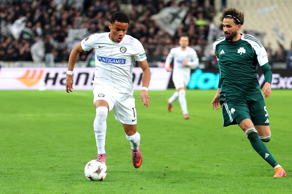 Panathinaikos - Sturm Graz
UEFA Europa League Gruppenphase 5. Spieltag, FC Panathinaikos - SK Sturm Graz, Olympiastadion Athen, 27.11.2025. Foto zeigt Maurice Malone (Sturm)
