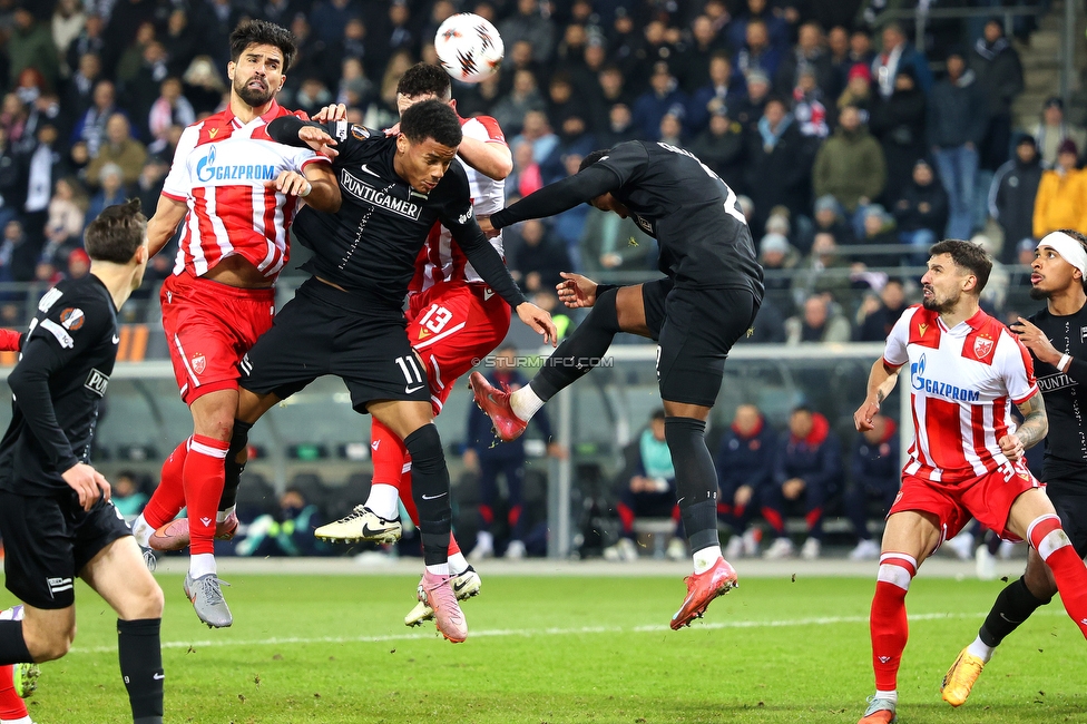 Sturm Graz - Crvena Zvezda
UEFA Europa League Gruppenphase 6. Spieltag, SK Sturm Graz - FK Crvena Zvezda, Stadion Liebenau Graz, 11.12.2025. Foto zeigt Axel Kayombo (Sturm)
