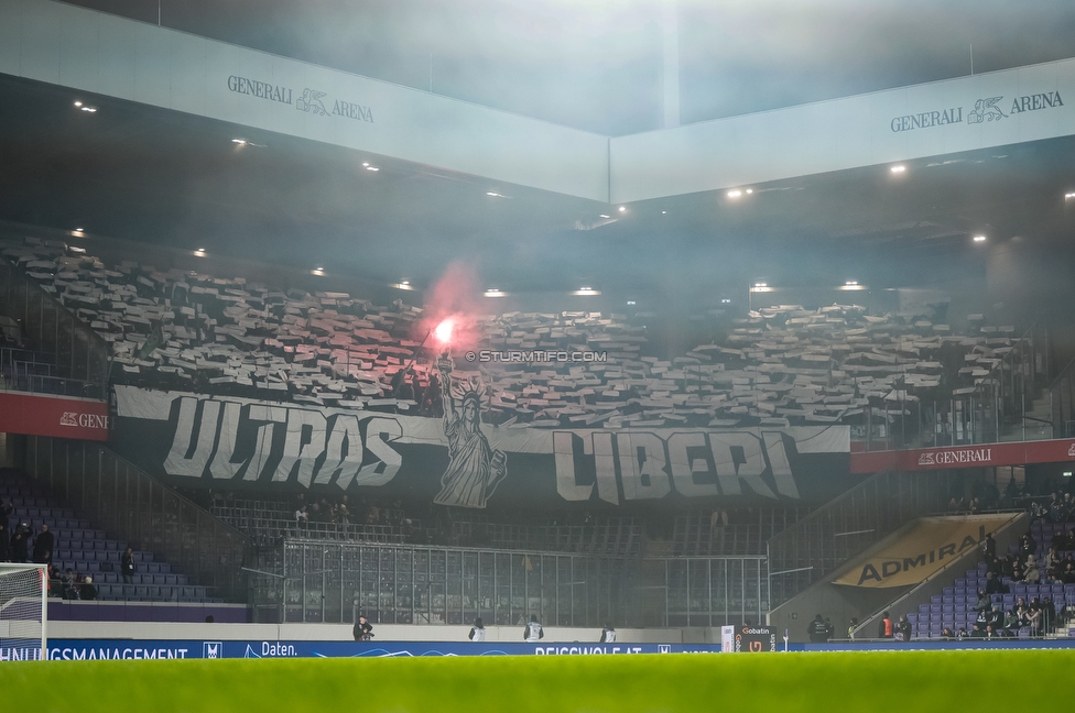 Austria Wien - Sturm Graz
Oesterreichische Fussball Bundesliga, 17. Runde, FK Austria Wien - SK Sturm Graz, Franz Horr Stadion Wien, 14.12.2025. Foto zeigt Fans von Sturm mit einer Choreografie
